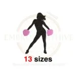 Cheerleader silhouette embroidery design in filled stitch, available in 13 sizes for machine embroidery.