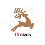 Rudolf Reindeer embroidery design available in 13 sizes from 1.5 to 7.5 inches in height, perfect for Christmas projects. Formats: DST, EXP, PES, and more.