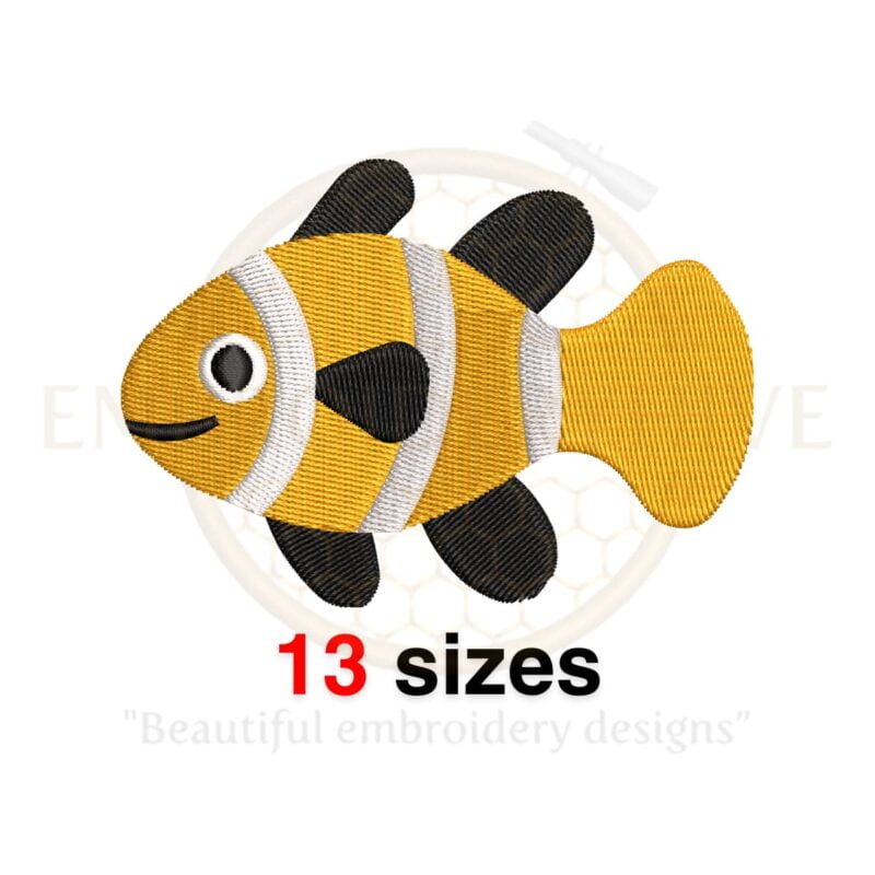 Clown fish embroidery design in 13 sizes from 1.5 to 7.5 inches, featuring a fill stitch silhouette perfect for ocean-themed projects.