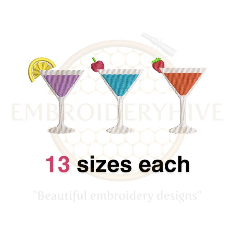 Set of three cocktail embroidery designs in 13 sizes, perfect for machine embroidery projects.