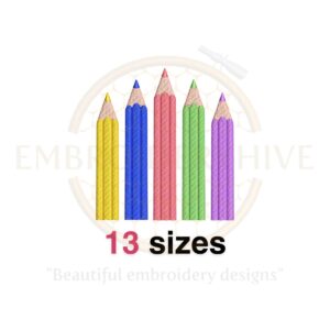 Colored pencils embroidery design, perfect for back-to-school and first-grade projects, available in 13 sizes from 1.5 to 7.5 inches in height.