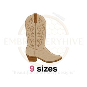 Cowboy Boot embroidery design in 9 sizes ranging from 2 to 6 inches in height, ideal for Western-themed projects.