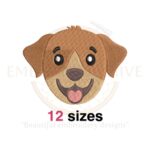 Cute puppy face embroidery design, available in 12 sizes, perfect for dog-themed projects and more.