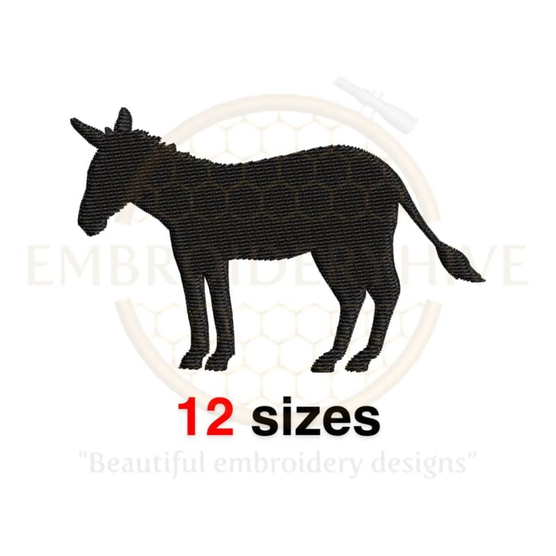 Donkey embroidery design featuring a silhouette of a donkey, available in 12 sizes for farm-themed projects.