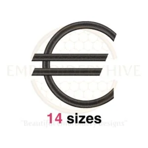 Euro embroidery design in 14 sizes from 1 to 7.5 inches, featuring the Euro symbol for various machine embroidery projects.