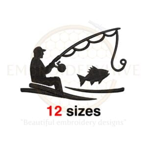 Fisherman embroidery design in 12 sizes, featuring a fisherman with a fishing pole in fill stitch, perfect for fishing-themed projects.