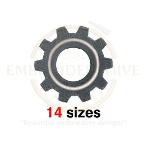 Gear cogwheel embroidery design in 14 sizes for mechanical and engineering-themed projects, available in multiple formats.