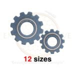 Gears embroidery design featuring mechanical cogwheels, available in 12 sizes from 2 to 7.5 inches wide.