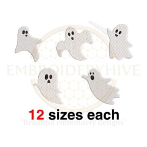 Set of 5 spooky ghost embroidery designs for Halloween, available in 12 sizes from 2 to 7.5 inches in height, perfect for Halloween-themed projects.