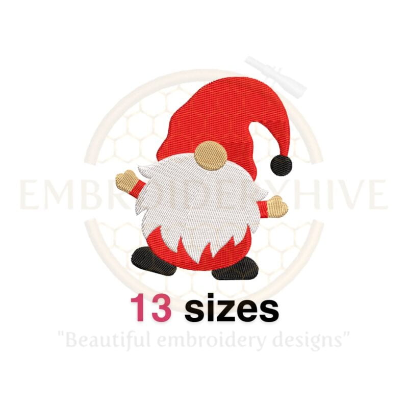 Christmas Gnome embroidery design featuring a festive gnome in various sizes, ideal for holiday decorations and machine embroidery projects.