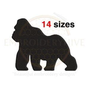 Gorilla embroidery design in 14 sizes, featuring a filled stitch silhouette of a gorilla. Available in widths from 1 to 7.5 inches.