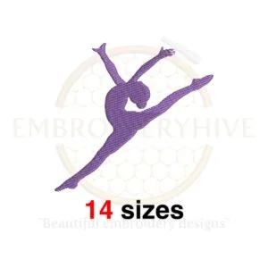 Silhouette of a gymnast girl in filled stitch embroidery design, available in 14 sizes for machine embroidery.