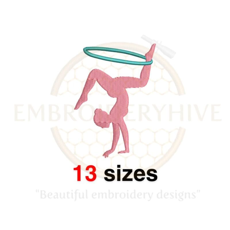 Gymnast girl silhouette embroidery design in filled stitch, available in 13 sizes for machine embroidery projects.