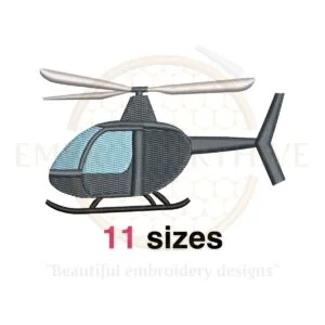 Helicopter embroidery design in silhouette style, available in 11 sizes, perfect for transportation-themed embroidery projects.