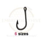 Fish Hook embroidery design in 6 sizes from 1.5 to 4 inches in height, ideal for fishing-themed projects.