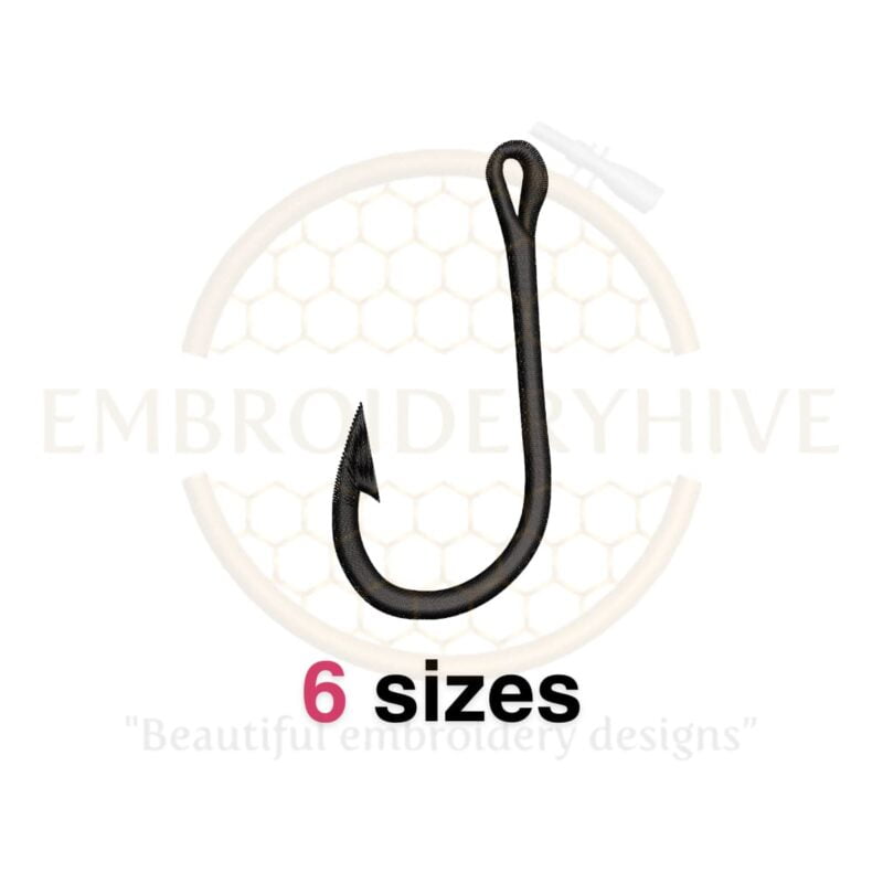 Fish Hook embroidery design in 6 sizes from 1.5 to 4 inches in height, ideal for fishing-themed projects.