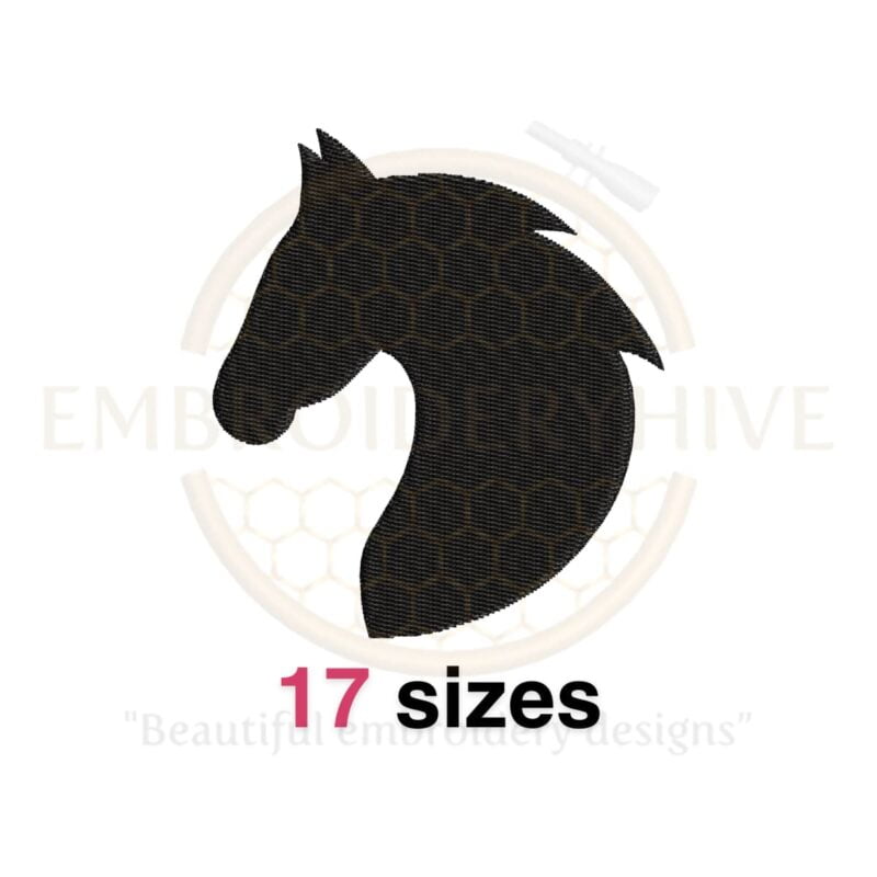 Horse head embroidery design in silhouette style, available in 17 sizes, perfect for animal-themed embroidery projects.