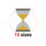 Hourglass embroidery design in 13 sizes, from 1.5 to 7.5 inches, perfect for time-themed projects.