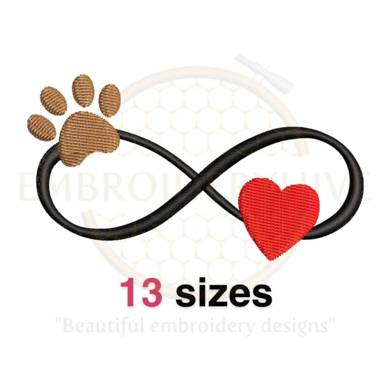 Infinity Paw Heart embroidery design available in 13 sizes for pet-themed projects.