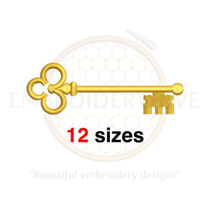 Vintage key embroidery design in 12 sizes, from 2 to 7.5 inches, available in multiple formats for machine embroidery projects.