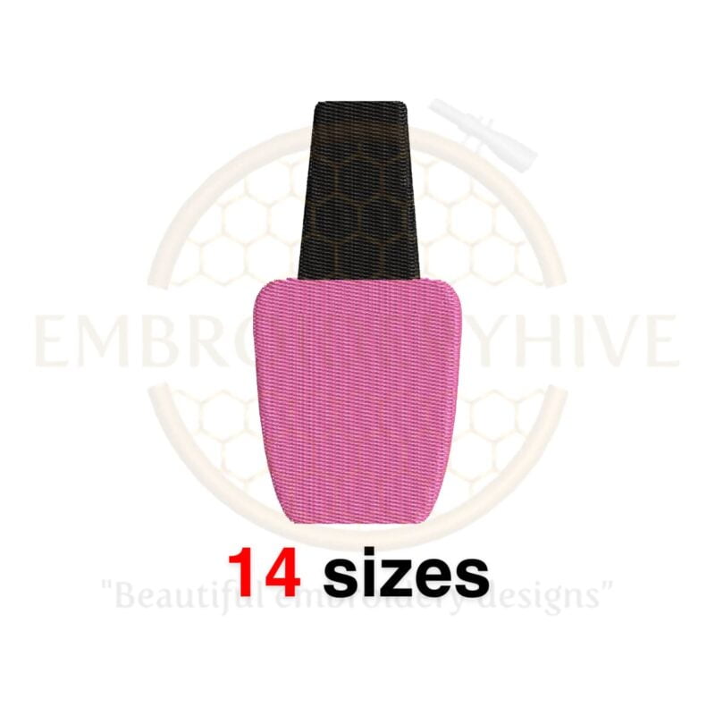 Embroidery design of a nail polish bottle silhouette, available in 14 sizes, perfect for makeup and cosmetic-themed embroidery projects.