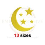 Moon and stars embroidery design with 13 sizes from 1.5 to 7.5 inches in height, ideal for celestial-themed embroidery projects.