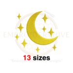 Moon and stars embroidery design available in 13 sizes from 1.5 to 7.5 inches in width, perfect for celestial-themed projects.