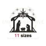 Nativity scene embroidery design in 11 sizes for machine embroidery, perfect for Christmas projects and decorations.