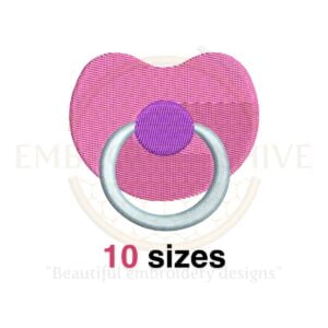 Pacifier embroidery design in 10 sizes ranging from 0.75 to 3 inches in width, perfect for baby-themed projects.