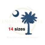 Palmetto flag embroidery design featuring a palm tree and crescent moon, available in 14 sizes from 1 to 7.5 inches, representing South Carolina.