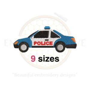 Police car embroidery design available in 9 sizes, perfect for transport-themed projects. Compatible with various embroidery machine formats.