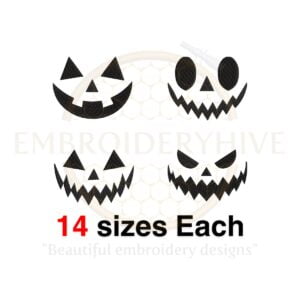 Set of 4 different pumpkin embroidery designs, including smiling pumpkins, available in 14 sizes for Halloween projects.