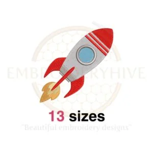 Rocket embroidery design in fill stitch, available in 13 sizes from 1.5 to 7.5 inches, perfect for space-themed projects.