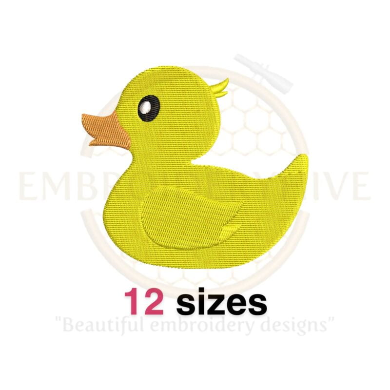 Cute Rubber Duck embroidery design for kids, available in 12 sizes from 2 to 7.5 inches in width, perfect for machine embroidery projects.