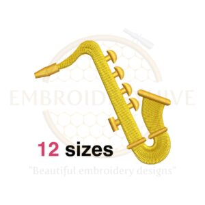 Saxophone embroidery design, available in 12 sizes, perfect for music-themed projects and decor.