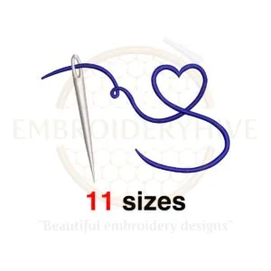 Thread Needle Sewing Embroidery design with a heart shape, available in 11 sizes ranging from 2.5 to 7.5 inches in width.