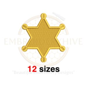 Sheriff badge embroidery design in 12 sizes, available for machine embroidery. Perfect for Western or law enforcement-themed projects.