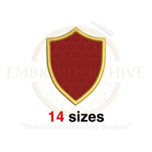 Shield embroidery design featuring a silhouette with fill stitch, available in 14 sizes ranging from 1 to 7.5 inches in height.