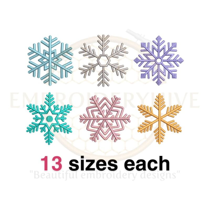 Snowflake embroidery design set with 5 unique snowflake silhouettes, available in 13 sizes each, from 1.5 to 7.5 inches. Ideal for Christmas projects.