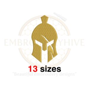 Helmet embroidery design featuring a Spartan helmet silhouette, available in 13 sizes from 1.5 to 7.5 inches in height.