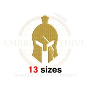 Helmet embroidery design featuring a Spartan helmet silhouette, available in 13 sizes from 1.5 to 7.5 inches in height.