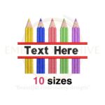 Split colored pencils embroidery design for back-to-school projects, available in 10 sizes from 3 to 7.5 inches in width.