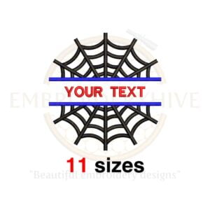 Split spider web embroidery design in 11 sizes, from 2.5 to 7.5 inches in height, suitable for monograms and Halloween-themed projects.