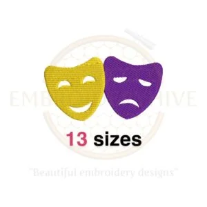 Comedy and tragedy mask embroidery design, available in 13 sizes from 1.5 to 7.5 inches, perfect for Mardi Gras and theatre-themed projects.