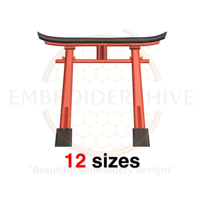 Japanese Torii Gate silhouette embroidery design in 12 sizes, perfect for Japan-themed projects, available as a machine embroidery design.