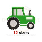 Tractor embroidery design featuring a farm tractor in filled stitch, available in 12 sizes from 2 to 7.5 inches in width.