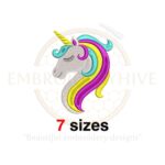 Unicorn embroidery design featuring a unicorn silhouette in 7 sizes from 2 to 5 inches in height with fill stitching, ideal for whimsical embroidery projects.