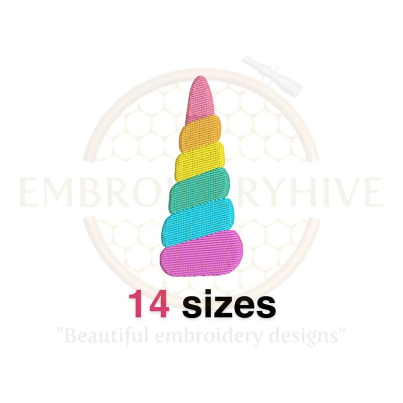 Unicorn horn embroidery design in 14 sizes, ranging from 1 to 6 inches in height, perfect for whimsical and magical-themed projects.