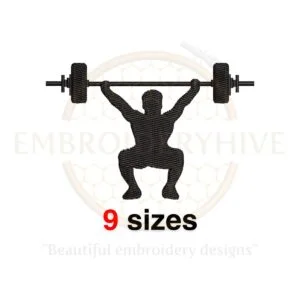 Weightlifter embroidery design featuring a silhouette of a weightlifter, available in 9 sizes from 3.5 to 7.5 inches in width.