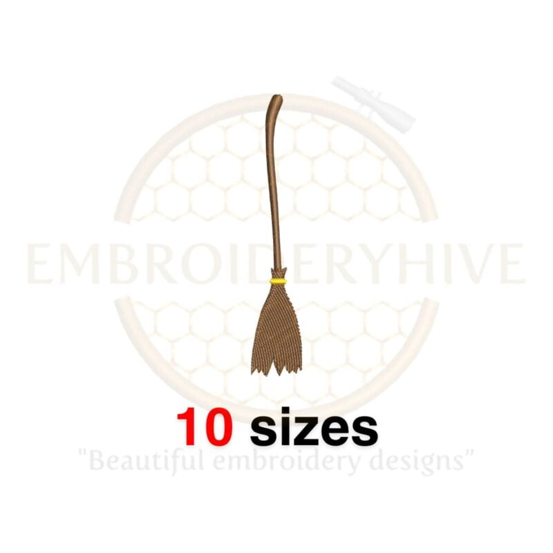 Witch’s broom silhouette embroidery design in 10 sizes, perfect for Halloween-themed projects, available as a machine embroidery design.